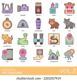 Survival Icons including, Multitool, flashlight, matches, lighter, backpack, compass, tent, sleeping bag, bear, wolf, mountain lion, snake, binoculars, trail, map, GPS, location, rescue, campground