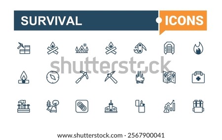 Survival icons set in linear style. It contains symbols to gun, disaster, map, kit, flashlight, compass and more. Symbol. Outline and solid pictogram.