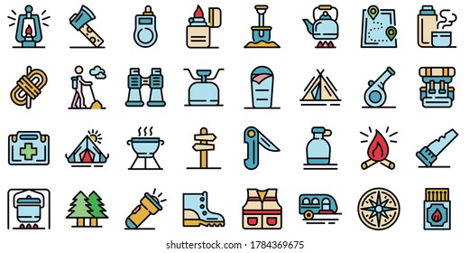 Survival icons set. Outline set of survival vector icons thin line color flat on white