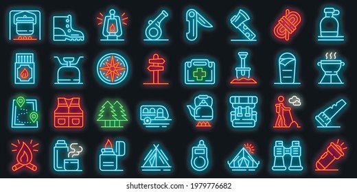 Survival icons set. Outline set of survival vector icons neon color on black