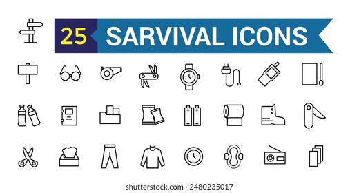 Survival icons set. Outline set of survival vector icons for ui design. Outline icon collection. Editable stroke.