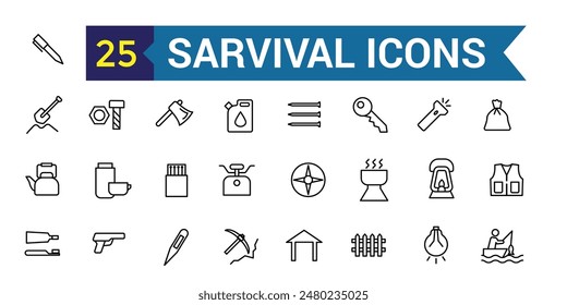Conjunto de iconos de supervivencia. Conjunto esquemático de iconos de vectores de supervivencia para el diseño de ui. Colección de iconos de esquema. Trazo editable.