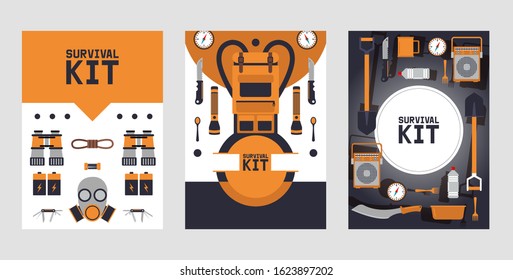 Survival kit banners, vector illustration. Basic equipment for emergency evacuation, brochure cover in flat style. Icons of backpack, radio, batteries and binoculars. Emergency situation equipment