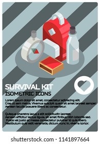 Survival kit color isometric poster. Vector illustration, EPS 10