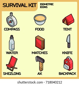 Survival kit color outline isometric icons