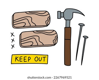 Survival kit. Color Vector Zombie defense kit. Planks and a hammer with nails.