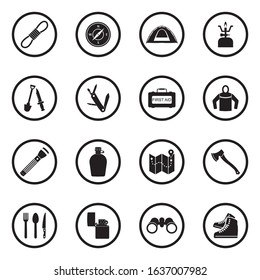 Survival Kit Icons. Black Flat Design In Circle. Vector Illustration.