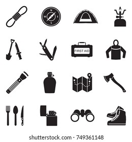 Survival Kit Icons. Black Flat Design. Vector Illustration. 