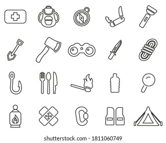 Survival Kit Icons Black & White Thin Line Set Big