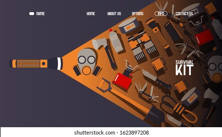 Survival kit inventory, website design, vector illustration. Basic equipment for emergency evacuation, landing page template. Gas mask, camping stove, binoculars and flashlight. Tools for survival