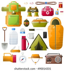 Survival Kit Items For Survival, Survival Exploration Tourism And Camping. Survival Icons: Emergency Box And Water, Sleeping Bag And Radio, Tent And Backpack. Vector  Illustrations On White Background