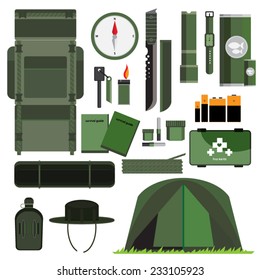 survival kit items set for adventure vector