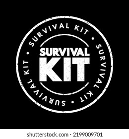 Survival Kit - package of basic tools and supplies prepared as an aid to survival in an emergency, text concept stamp