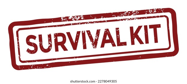 survival kit, red grunge rubber stamp, white background, vector illustration 