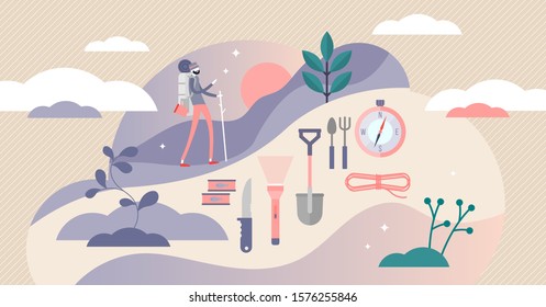 Survival kit vector illustration. Outdoors camping scene with basic necessities to survive in tiny persons concept. Backpack emergency contents for hiking in mountain forests. Rope, knife and compass.