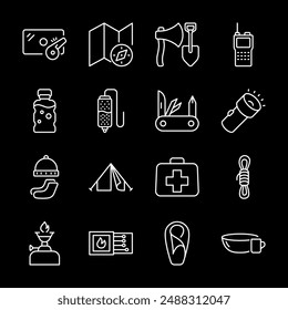 Survival kits, white line icons. Items for camping or wilderness travel, essentials for survival. Perfect for outdoor and adventure themes. Symbols on black background. Editable stroke.