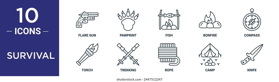 survival outline icon set includes thin line flare gun, pawprint, fish, bonfire, compass, torch, trekking icons for report, presentation, diagram, web design