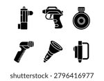 Survival and personal defense tactical solid icons vector set showcasing security tools like a stun gun defensive pepper spray round canteen and flashlights isolated on white background