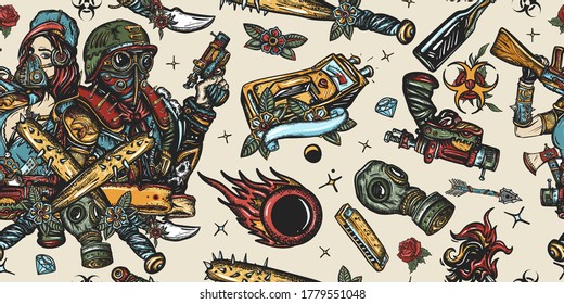 Supervivencia sin problemas. Patrón post apocalipsis. Mujer soldado con máscara de gas. Guerrero del hombre apocalíptico post. Niña y pistola apocalípticas. Personas y armas de futuro oscuro