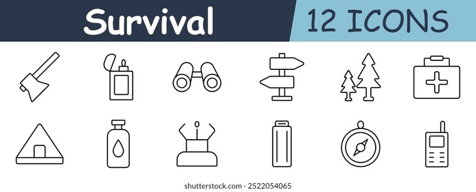 Survival set icon. Axe, lighter, binoculars, signpost, tree, first aid, tent, bottle, signal, battery, compass, radio, outdoor, adventure