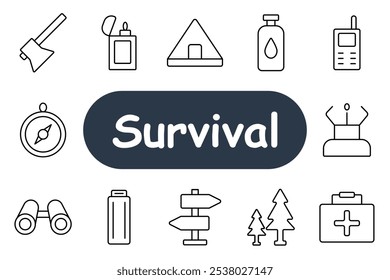 Survival set icon. Axe, lighter, tent, water bottle, radio, compass, binoculars, battery, signpost, trees, first aid kit. Essential items for outdoor survival, camping, and navigation.