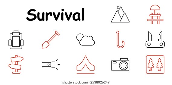 Icono de conjunto de supervivencia. Mochila, pala, montaña, nube, gancho, cuchillo, señal de dirección, linterna, tienda, cámara, bosque.