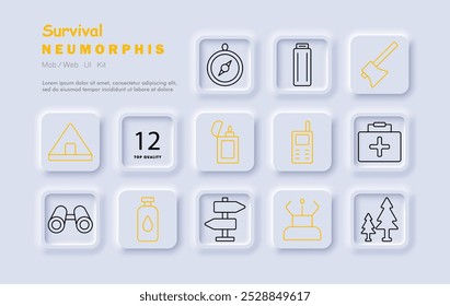 Survival set icon. Compass, water bottle, tent, lighter, axe, walkie-talkie, first aid kit, binoculars, hydration, direction, fire, navigation, trees