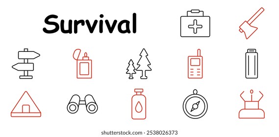 Survival set icon. First aid, axe, water, trees, walkie-talkie, battery, map, tent, fire starter, compass, shelter, direction, hydration, exploration