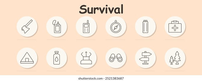 Survival set icon. Lighter, radio, compass, first aid, water bottle, binoculars, map, survival kit, battery, navigation, outdoor equipment, emergency tools, forest navigation