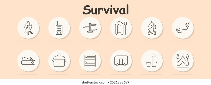 Ícone do conjunto de sobrevivência. Rádio, sinal de direção, balsa, fogueira, rota, pote, beliche, caravana, térmicas, tenda, acampamento, equipamento de exterior, navegação, aventura.