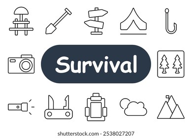 Survival set icon. Tent, shovel, camera, flashlight, compass, backpack, forest sign. Best for outdoor adventure, camping, and survival themes