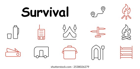 Survival set icon. Thermos, radio, tent, location, campfire, direction signs, knife, trailer, pot, inflatable boat, bunk bed