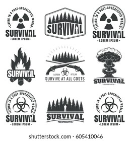 Survival set of vector icons. Symbols for the game post-apocalypse, nuclear war and zombie threat. Survival courses in the wild and in wartime.