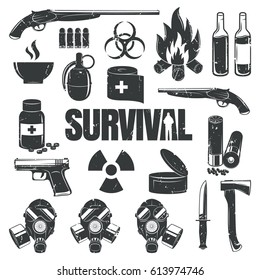 Ilustración con un conjunto de iconos para un diseño sobre un tema de supervivencia. Mundo post-apocalíptico, la invasión de zombis, el fin del mundo. Iconos de estilo grueso.