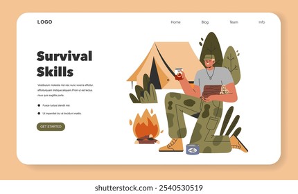 Survival Skills concept. Person in military attire demonstrates basic wilderness survival techniques by a campfire. Outdoor adventure preparedness. Vector illustration.