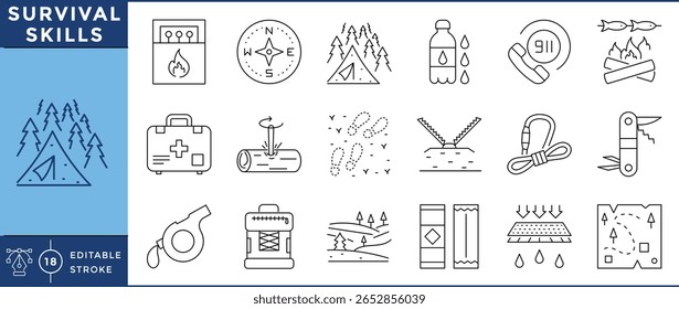 Survival skills icons. Fire starting, compass, tent, water bottle, knife and tools, first aid, fishing hook, bow drill, footprints, forest, and many more. Vector editable stroke.