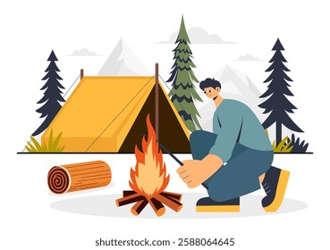 Survival Skills Summer Camping Vector Illustration featuring Tent Camping Services, Outdoor Accommodation, Jungle Exploration, and Relaxation