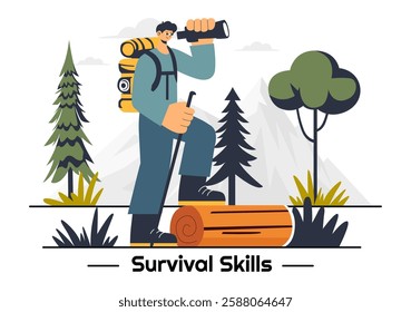 Survival Skills Summer Camping Vector Illustration featuring Tent Camping Services, Outdoor Accommodation, Jungle Exploration, and Relaxation