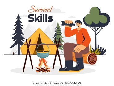 Survival Skills Summer Camping Vector Illustration featuring Tent Camping Services, Outdoor Accommodation, Jungle Exploration, and Relaxation
