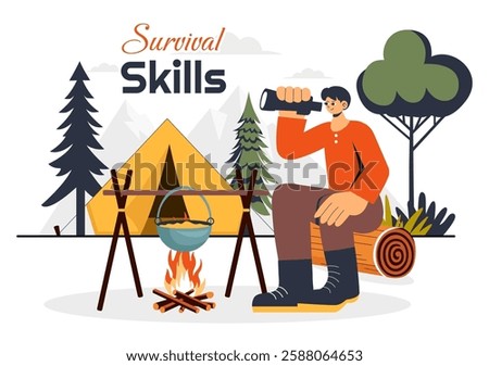 Survival Skills Summer Camping Vector Illustration featuring Tent Camping Services, Outdoor Accommodation, Jungle Exploration, and Relaxation
