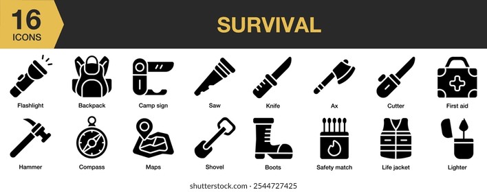 Conjunto de iconos sólidos de supervivencia. Incluye supervivencia, linterna, sierra, cuchillo, hacha, mapas, brújula, martillo y más. Colección de Vector de iconos sólidos.