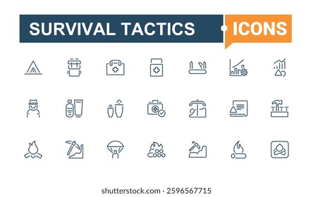 Survival Tactics linear icon collection. Contain linear sign saving,  survivor, war, rescue, survival kit, self preservation and more. Survival icon collection. Conceptual pictogram and infographic.