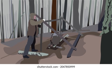 A survivalist build branches shelter in the middle of forest