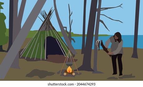 Survivalists way to made a tepee tent with wood and branches in the forest.