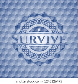 Survive blue emblem with geometric background.