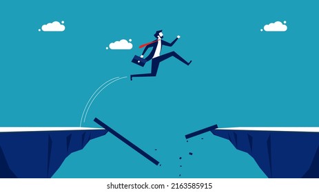 Survive the business crisis. Businessman jumping over a broken bridge. business concept vector 