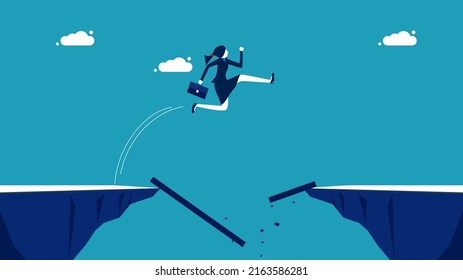 Survive the business crisis. Business Woman jumping over a broken bridge. business concept vector 