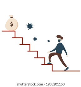 Survive in Career During Pandemic. Illustration of flat businessman character climb a stairs, showing make money activity on new normal.
