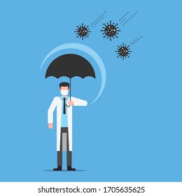 Survive from covid-19 corona virus concept. Vector illustration of cartoon character in flat style. Doctor bringing umbrella to protect from virus. Good for medical and healthcare graphic asset.