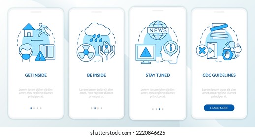 Survive during nuclear explosion blue onboarding mobile app screen. Walkthrough 4 steps editable graphic instructions with linear concepts. UI, UX, GUI template. Myriad Pro-Bold, Regular fonts used